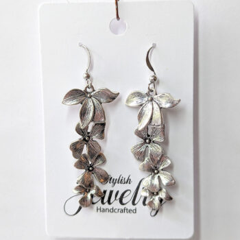 Silver Quadruple Cascading Orchid Flower Earrings - Image 4