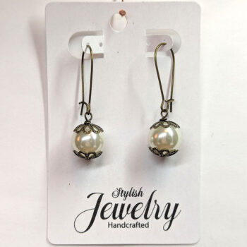 Antique Bronze White Glass Pearls Vintage Style Earrings - Image 4