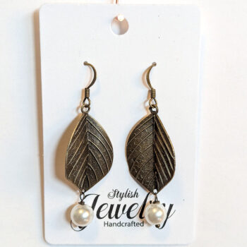 Antique Bronze Leaf with White Pearl Earrings - Image 4