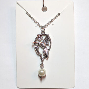 Antique Silver Hummingbird Bird Teardrop With Pearl Necklace - Image 5