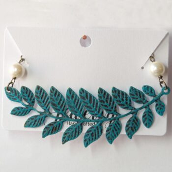 Antique Bronze Patina Fern Leaf Branch White Beads Necklace - Image 3