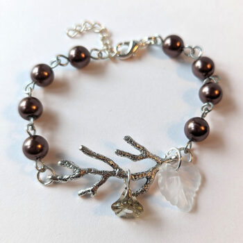 Antique Silver Branch Leaf Flower Brown Beads Bracelet - Image 3