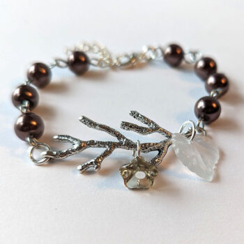 Antique Silver Branch Leaf Flower Brown Beads Bracelet