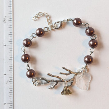 Antique Silver Branch Leaf Flower Brown Beads Bracelet - Image 2