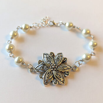 Antique Silver Flower White Beads Bracelet - Image 4