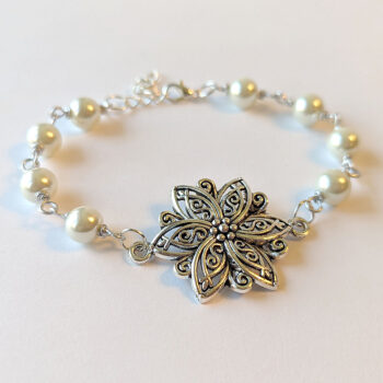 Antique Silver Flower White Beads Bracelet - Image 3