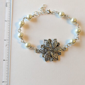 Antique Silver Flower White Beads Bracelet - Image 2