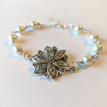 Antique Silver Flower White Beads Bracelet