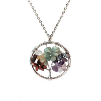 Rainbow Gemstones Tree of Life Wire Wrapped Pendant Necklace Silver