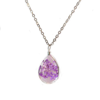 Teardrop Real Dried Purple Flowers Resin Pendant Necklace Silver