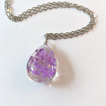 Teardrop Real Dried Purple Flowers Resin Pendant Necklace Silver - Image 3