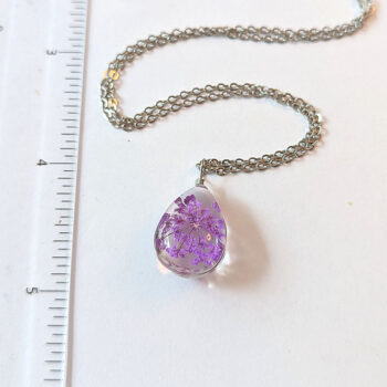 Teardrop Real Dried Purple Flowers Resin Pendant Necklace Silver - Image 2