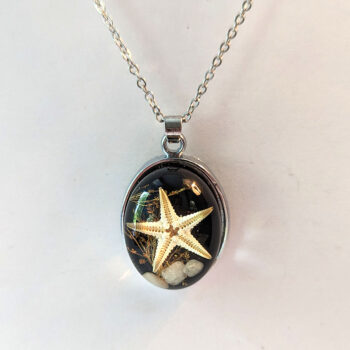 Oval Ocean Scene Real Starfish Black Resin Pendant Silver Necklace