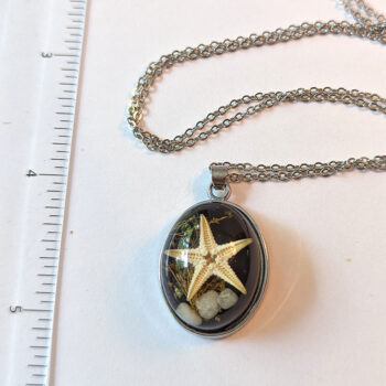 Oval Ocean Scene Real Starfish Black Resin Pendant Silver Necklace - Image 2