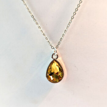 November Birthstone Yellow Glass Rhinestone Teardrop Silver Necklace