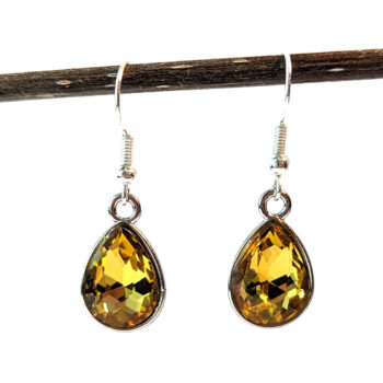 November Birthstone Orange Yellow Glass Rhinestone Teardrop Earrings Silver