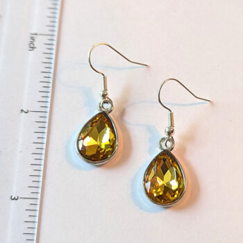 November Birthstone Orange Yellow Glass Rhinestone Teardrop Earrings Silver - Image 2