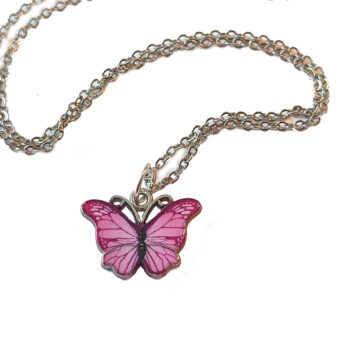 Pink Enamel Butterfly Silver Necklace