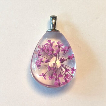 Teardrop Real Dried Purple Flowers Glass Pendant Silver