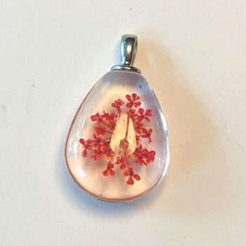 Teardrop Real Dried Red Flowers Glass Pendant Silver