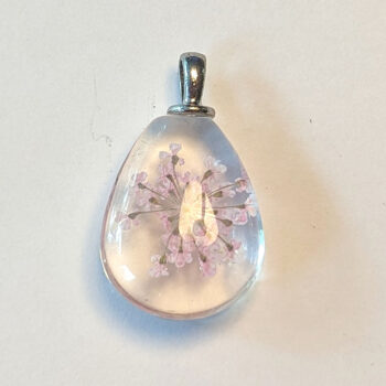 Teardrop Real Dried Pink Flowers Glass Pendant Silver