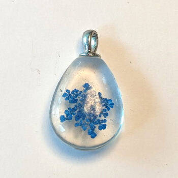 Teardrop Real Dried Blue Flowers Glass Pendant Silver