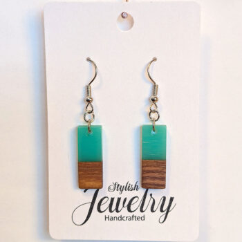 Blue Green Resin Wood Rectangle Earrings - Image 4