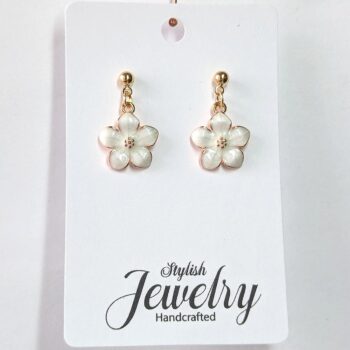 Gold White Enamel Flower Earrings - Image 2
