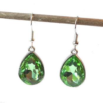 August Birthstone Green Glass Rhinestone Teardrop Earrings Silver