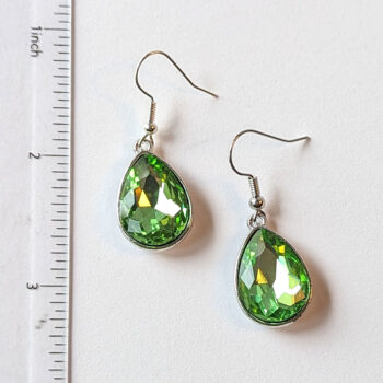 August Birthstone Green Glass Rhinestone Teardrop Earrings Silver - Image 2