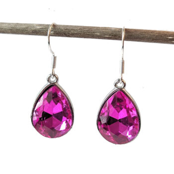 October Birthstone Pink Glass Rhinestone Teardrop Earrings Silver