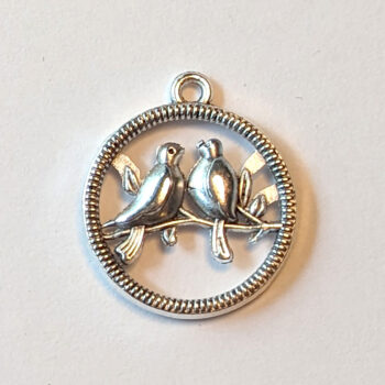 Love Birds on Branch in Hoop Charm Antique Silver