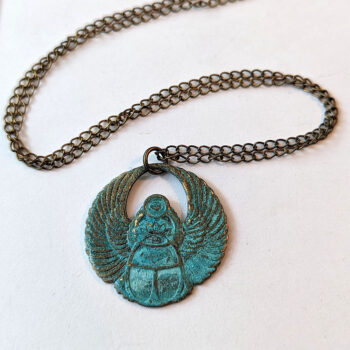 Antique Bronze Patina Egyptian Scarab Beetle Necklace