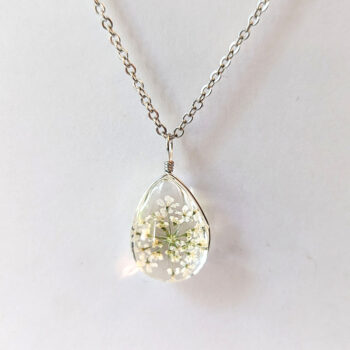 Teardrop Real Dried White Flowers Resin Pendant Necklace Silver