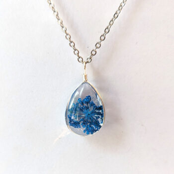 Teardrop Real Dried Blue Flowers Resin Pendant Necklace