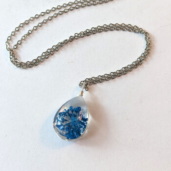 Teardrop Real Dried Blue Flowers Resin Pendant Necklace - Image 2