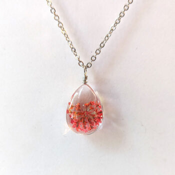 Teardrop Real Dried Red Flowers Resin Pendant Necklace Silver