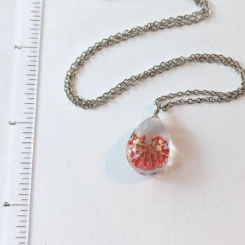 Teardrop Real Dried Red Flowers Resin Pendant Necklace Silver - Image 3