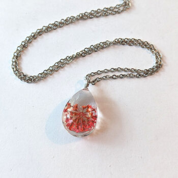 Teardrop Real Dried Red Flowers Resin Pendant Necklace Silver - Image 2