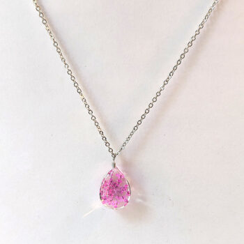 Teardrop Real Dried Pink Flowers Resin Pendant Necklace Silver - Image 4