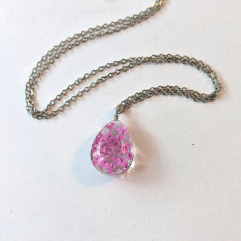 Teardrop Real Dried Pink Flowers Resin Pendant Necklace Silver - Image 3