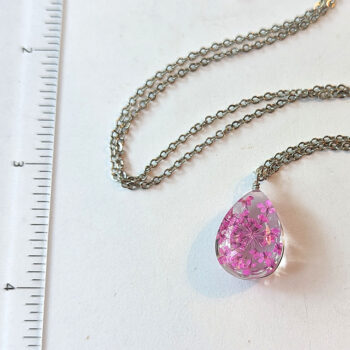 Teardrop Real Dried Pink Flowers Resin Pendant Necklace Silver - Image 2