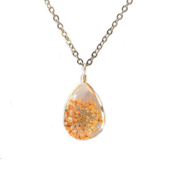 Teardrop Real Dried Orange Flowers Resin Pendant Necklace Silver