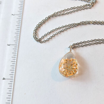 Teardrop Real Dried Orange Flowers Resin Pendant Necklace Silver - Image 3