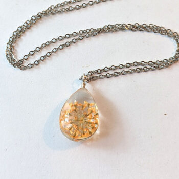 Teardrop Real Dried Orange Flowers Resin Pendant Necklace Silver - Image 2