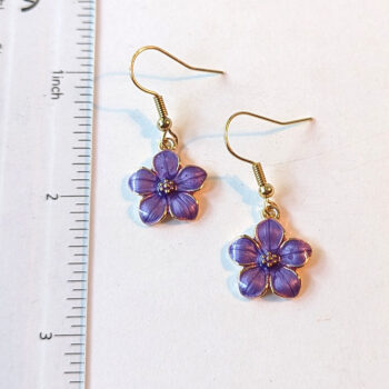 Gold Purple Enamel Flower Earrings - Image 2