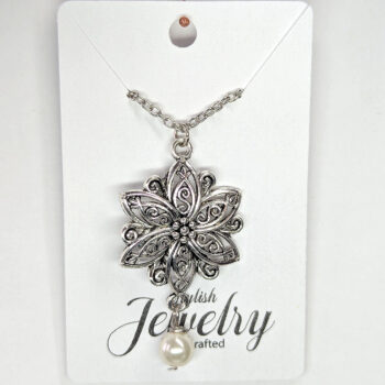 Decorative Flower Antique Silver Pendant With Pearl Necklace - Image 5