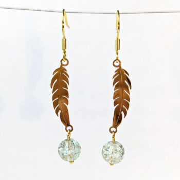 Gold Stainless Steel Slender Leaf With Glass Ball Earrings - Image 5