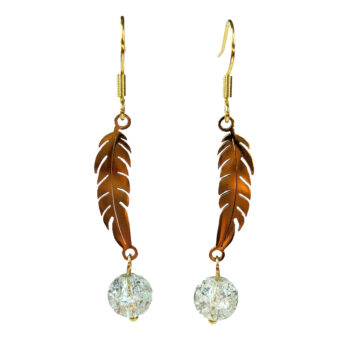 Gold Stainless Steel Slender Leaf With Glass Ball Earrings