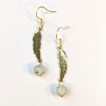 Gold Stainless Steel Slender Leaf With Glass Ball Earrings - Image 2